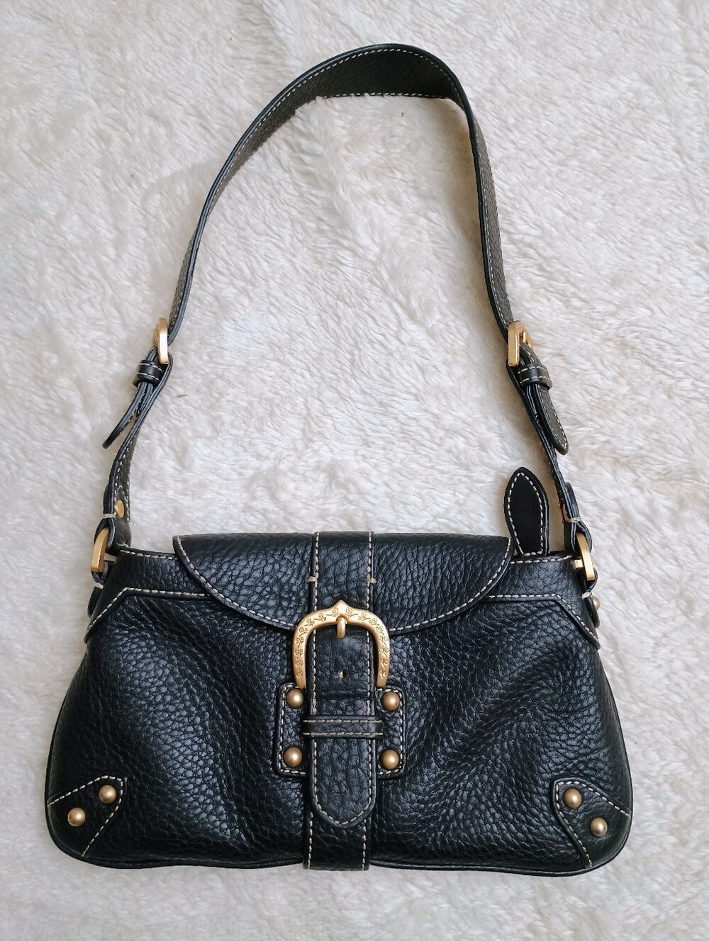 VTG Dooney & Bourke Marchesa Medium Slim Flap Bag - Black Pebbled Leather 24K